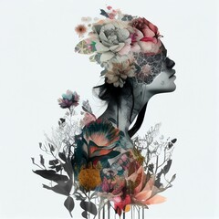 Double exposure profile portrait of attractive woman. Flowers. Digital art Illustration AI © liliya