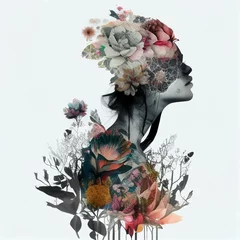 Double exposure profile portrait of attractive woman. Flowers. Digital art Illustration AI © liliya