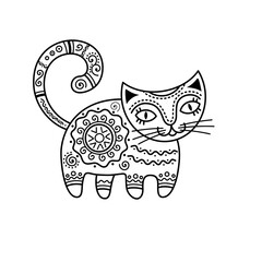 Patterned black and white cat. Vector outline illustration.
