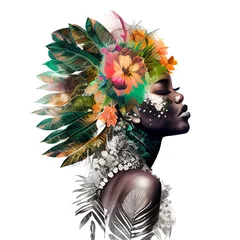 Double exposure profile portrait african woman. Flowers. Digital art Illustration AI © liliya