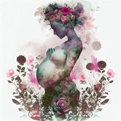 Double exposure portrait beautiful pregnancy woman combined with purple flowers - obrazy, fototapety, plakaty