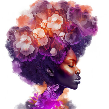 Double exposure portrait beautiful african american woman combined with purple flowers