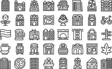 Naklejka na ściany i meble Amsterdam icons set outline vector. Europe house. Facade architecture