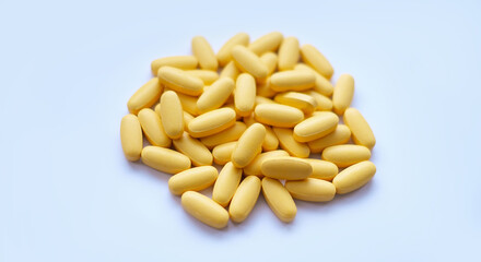 Close-up texture of yellow multivitamin tablets on white background. Healthy lifestyle concept