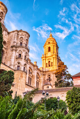 Fototapeta premium Malaga Cathedral from Plaza Del Obispo at Sunrise with Blue Sky, Malaga, Andalusia