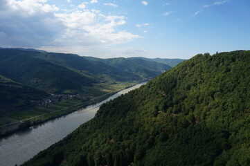 Window framed view: Amazing view to danbue river from medival castle Aggstein in lower austria. Holiday concept