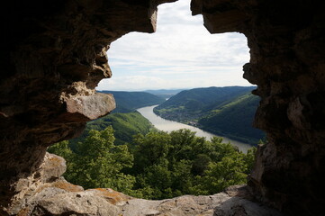 Window framed view: Amazing view to danbue river from medival castle Aggstein in lower austria. Holiday concept