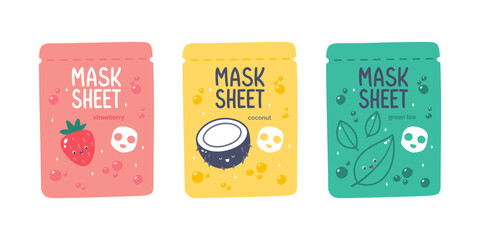 Cute vector face mask sheet packaging design with strawberry, coconut, green tea