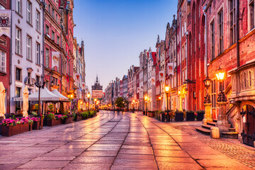 Illuminated Streed in Gransk Old Town at Dusk, Poland
