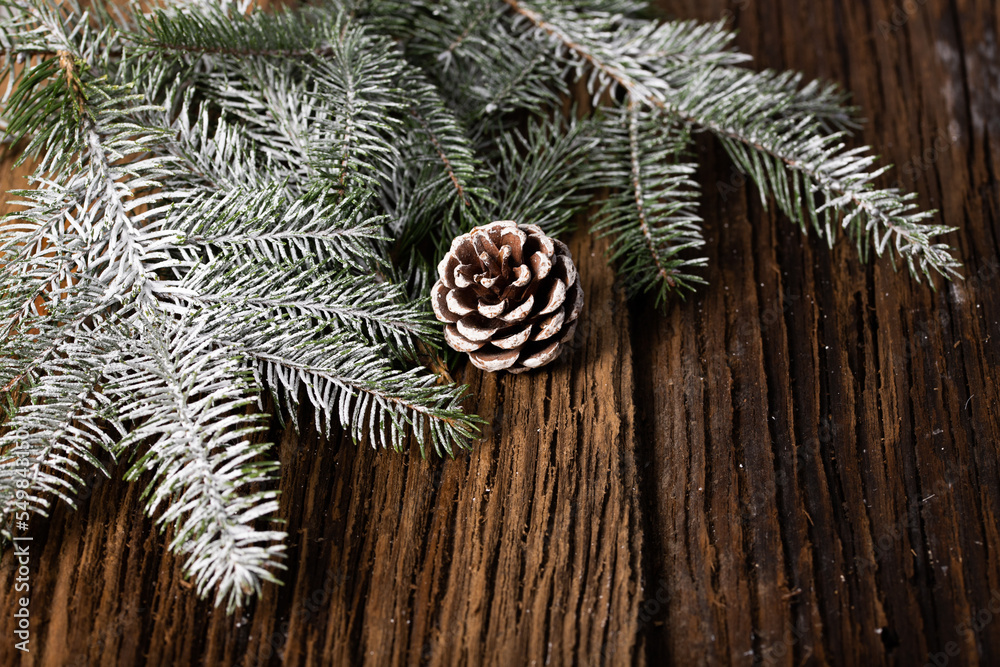 Sticker christmas decorations and lights on wooden table