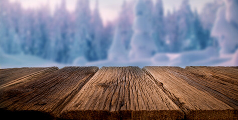 holiday banner with wooden table and snowy fir trees Christmas time mock up