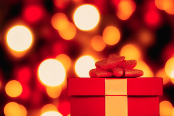 Obraz premium Red gift box with golden bow ribbon, on bokeh background