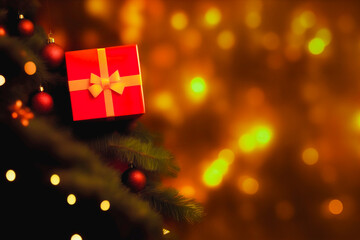 Red gift box with golden ribbon on christmas tree and bokeh background blur 