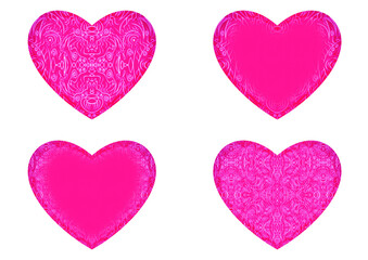 Set of 4 heart shaped valentine's cards. 2 with pattern, 2 with copy space. Neon plastic pink background and glowing pattern on it. Cloth texture. Hearts size about 8x7 inch / 21x18 cm (p03ab)
