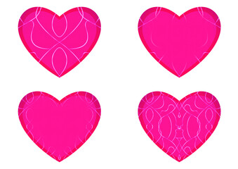 Set of 4 heart shaped valentine's cards. 2 with pattern, 2 with copy space. Neon plastic pink background and glowing pattern on it. Cloth texture. Hearts size about 8x7 inch / 21x18 cm (p08-1ab)