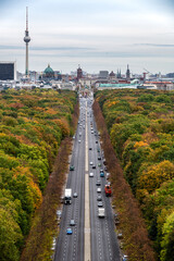 View on Brandenburg gate and Tiergarten from victory column in Berlin in autumn