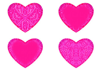 Set of 4 heart shaped valentine's cards. 2 with pattern, 2 with copy space. Neon plastic pink background and glowing pattern on it. Cloth texture. Hearts size about 8x7 inch / 21x18 cm (p08-2ab)