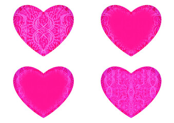 Set of 4 heart shaped valentine's cards. 2 with pattern, 2 with copy space. Neon plastic pink background and glowing pattern on it. Cloth texture. Hearts size about 8x7 inch / 21x18 cm (p09ab)