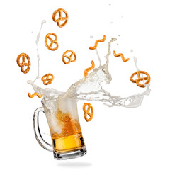 Beer mug splash with flying small pretzels on white background