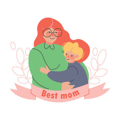 Happy Mother Embracing with Her Son and Ribbon with Best Mom Inscription Vector Illustration