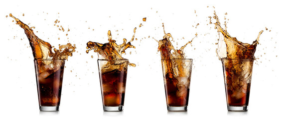 Four cola with ice cubes glasses splash on white background