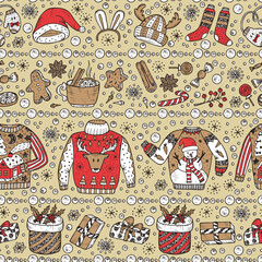 Holiday background. Ugly Christmas Sweater Party. Vector Xmas Seamless pattern. Hand Drawn Doodle Christmas clothes, gifts boxes, sweets, gingerbread cookies, mulled wine, spice, snowball