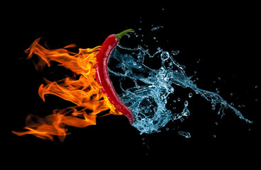 Hot red chili pepper in fire and blue water splash on black background