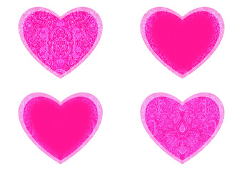 Set of 4 heart shaped valentine's cards. 2 with pattern, 2 with copy space. Neon plastic pink background and glowing pattern on it. Cloth texture. Hearts size about 8x7 inch / 21x18 cm (p01ab)