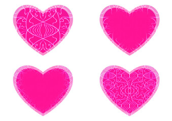 Fototapeta na wymiar Set of 4 heart shaped valentine's cards. 2 with pattern, 2 with copy space. Neon plastic pink background and glowing pattern on it. Cloth texture. Hearts size about 8x7 inch / 21x18 cm (p02-1ab)