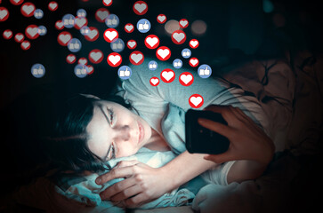Girl with phone at night, receives hearts and likes.
