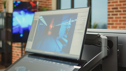 Empty development office with technology to create professional content, running cad software and manufacturing interface on computers. Creative agency studio with artistic skills.