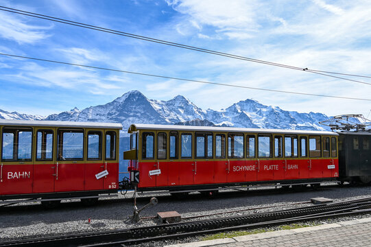 Schynige Platte railway with a view on mountain range Eiger Moench and Jungfrau