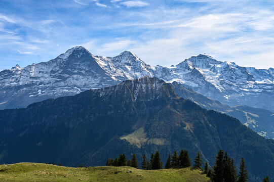 View on the mountain range Eiger Moench and Jungfrau in the Swiss alps