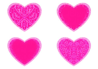 Fototapeta na wymiar Set of 4 heart shaped valentine's cards. 2 with pattern, 2 with copy space. Neon plastic pink background and glowing pattern on it. Cloth texture. Hearts size about 8x7 inch / 21x18 cm (p08-2ab)