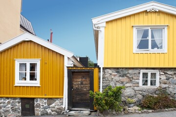 Scandinavian architecture with colorful wooden houses in Karlskrona, Sweden