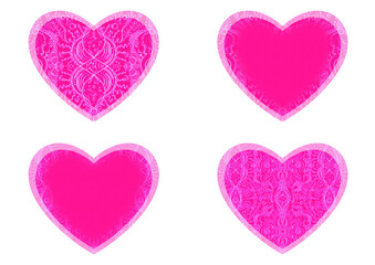 Set of 4 heart shaped valentine's cards. 2 with pattern, 2 with copy space. Neon plastic pink background and glowing pattern on it. Cloth texture. Hearts size about 8x7 inch / 21x18 cm (p09ab)