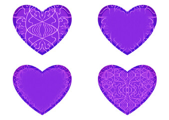 Set of 4 heart shaped valentine's cards. 2 with pattern, 2 with copy space. Neon proton purple background and glowing pattern on it. Cloth texture. Hearts size about 8x7 inch / 21x18 cm (p02-1ab)