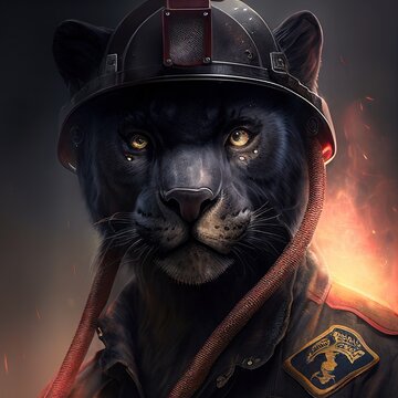 Black panther fireman portrait. Stunning creative illustration generated by Ai