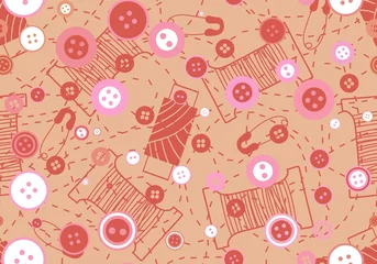 Muurstickers Cartoon sewing seamless buttons and scissors and pins pattern for wrapping paper and fabrics and linens and hobbies © Tetiana