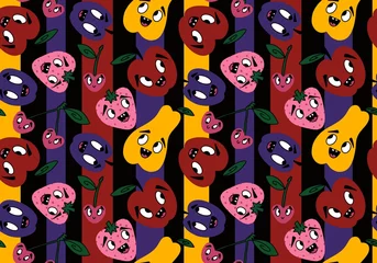 Fotobehang Cartoon fruit harvest seamless apples and pears and plums pattern for wrapping paper and fabrics and linens © Tetiana
