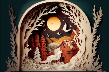 Papier découpé diorama paysage naturelle foret un renard devant une maison une nuit de pleine lune avec des oiseaux dans le ciel