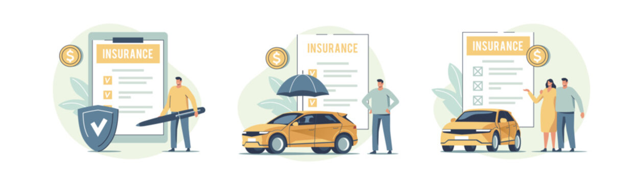 Auto insurance. Concept of car safety, assistance and protection. People buying or renting car and signing insurance policy. Vector illustration.