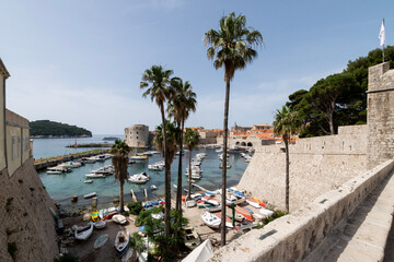 Naklejka premium Palm trees and boats with Dubrovnik in background