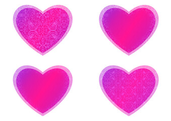 Set of heart shaped valentine's cards. 2 with pattern, 2 with copy space. Neon gradient plastic pink to proton purple, glowing pattern on it. Cloth texture. Heart size 8x7 inch / 21x18 cm (p07-1bc)