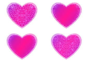 Set of heart shaped valentine's cards. 2 with pattern, 2 with copy space. Neon gradient plastic pink to proton purple, glowing pattern on it. Cloth texture. Heart size 8x7 inch / 21x18 cm (p07-2ab)