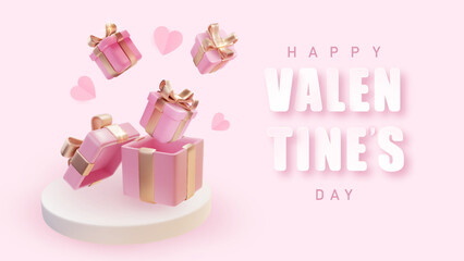 Valentine's day design temlate about 14 February. Realistic rose open gift boxes on podium. Romantic background.