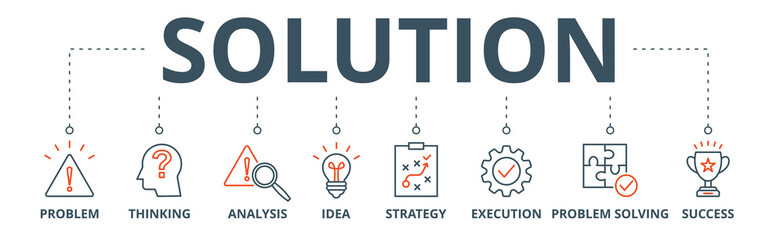 Solution banner web icon vector illustration concept with icons of problem, thinking, analysis, idea, strategy, execution, problem-solving, success