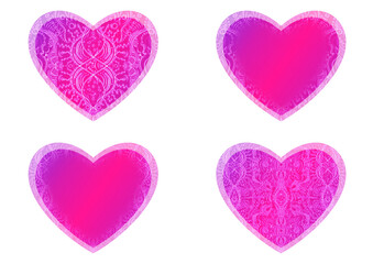 Set of heart shaped valentine's cards. 2 with pattern, 2 with copy space. Neon gradient plastic pink to proton purple, glowing pattern on it. Cloth texture. Heart size 8x7 inch / 21x18 cm (p09ab)