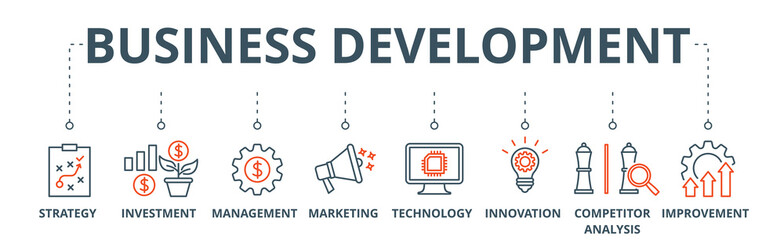 Business development banner web icon vector illustration concept with icon of strategy, investment, management, marketing, technology, innovation, competitor analysis, improvement