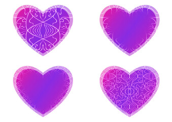 Set of heart shaped valentine's cards. 2 with pattern, 2 with copy space. Neon gradient proton purple to plastic pink, glowing pattern on it. Cloth texture. Heart size 8x7 inch / 21x18 cm (p02-1ab)
